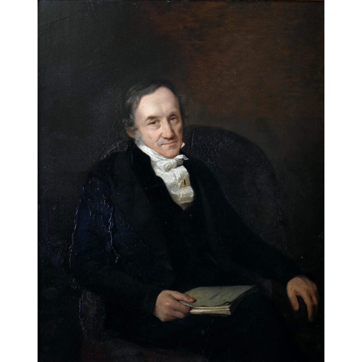 Portrait of gentleman in black suit with white cravat, oil on hardboard by Aimée Dalleizette, 1848
