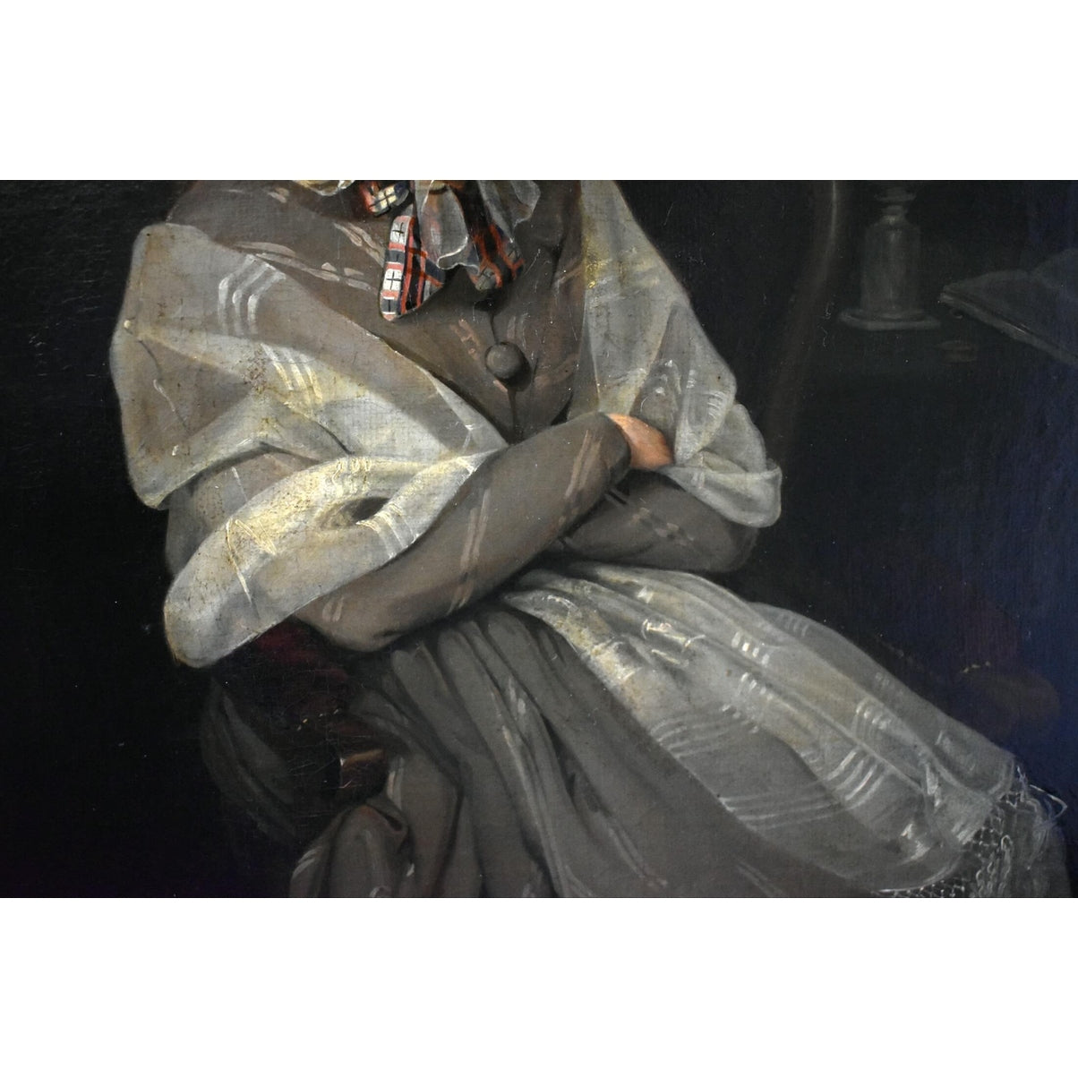 Close-up detail of lady portrait showing 1840s fashion silk dress and elaborate bonnet, Dalleizette 1848
