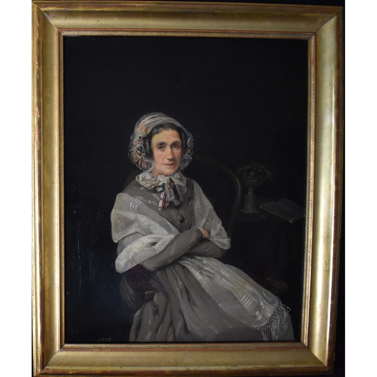 Portrait of lady in grey silk dress with bonnet, framed oil on canvas by Aimée Dalleizette, 1848