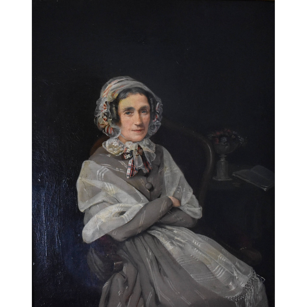 Portrait of lady in grey silk dress with bonnet, oil on canvas by Aimée Dalleizette, 1848