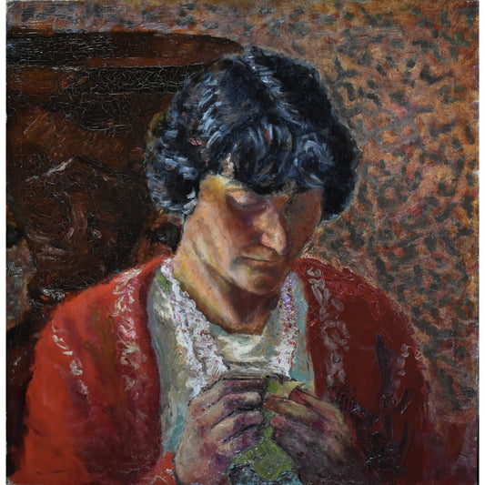 Vintage oil painting portrait of a woman sewing, French School circa 1930, for sale at Winckelmann Gallery