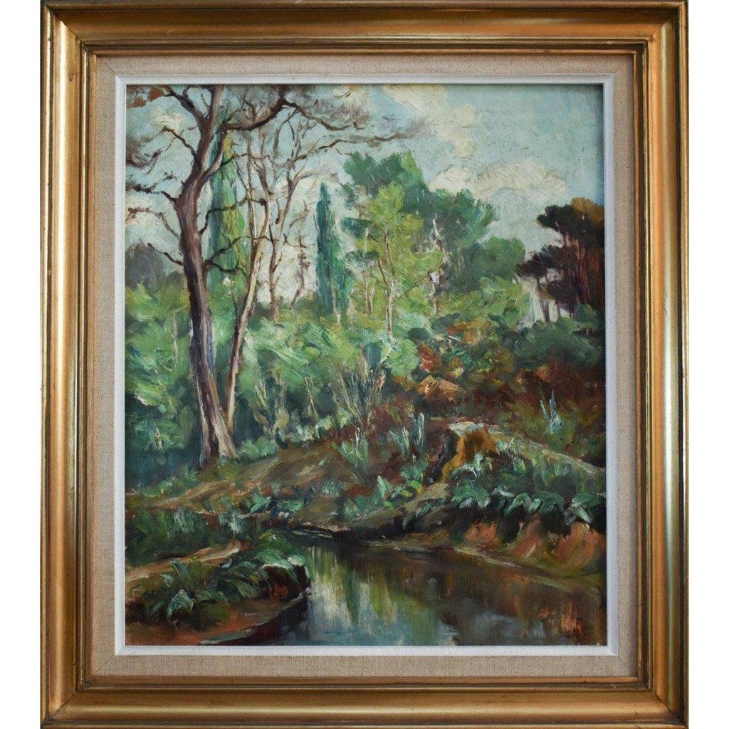 20th century French school oil painting forest stream landscape Winckelmann Gallery