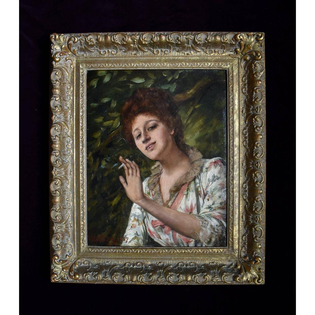Alfred Mendoza oil painting depicting a scene of a young woman smoking Winckelmann Gallery