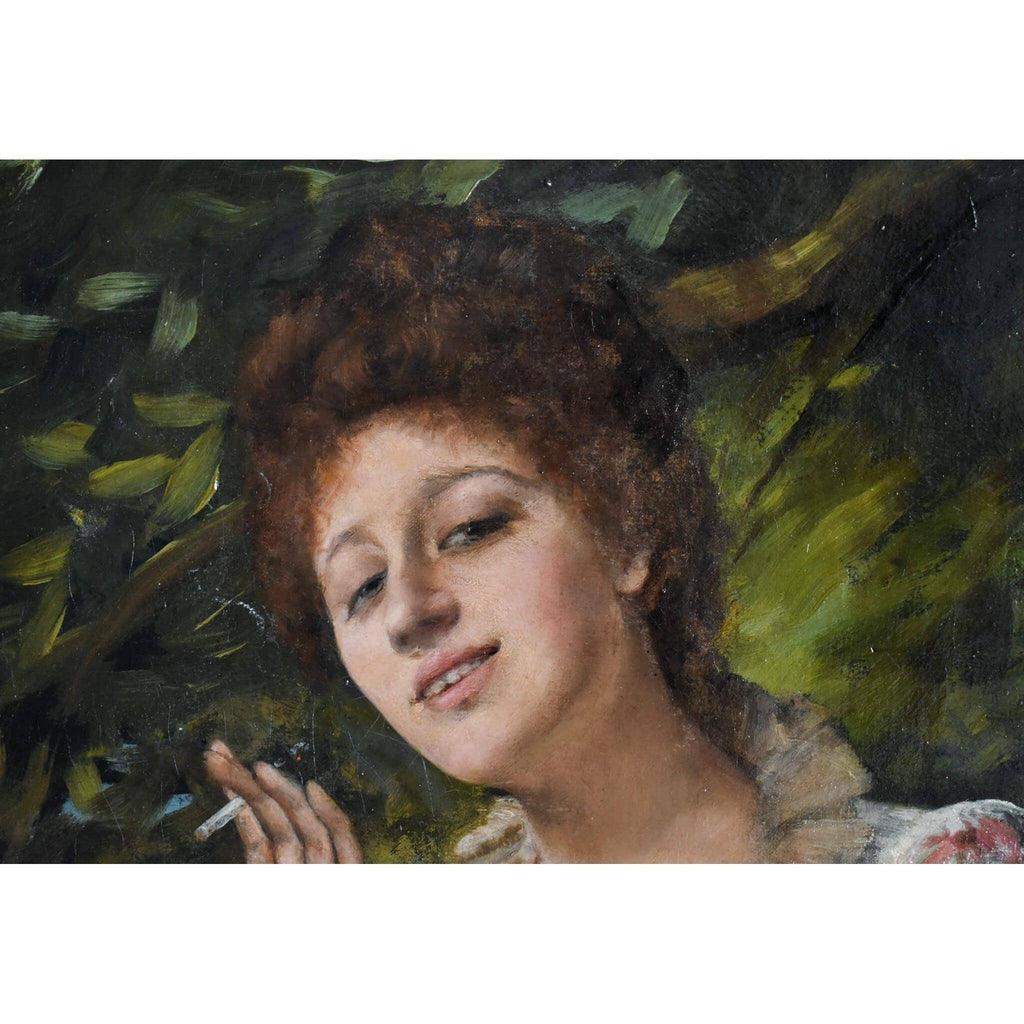 Alfred Mendoza oil painting depicting a scene of a young woman smoking Winckelmann Gallery