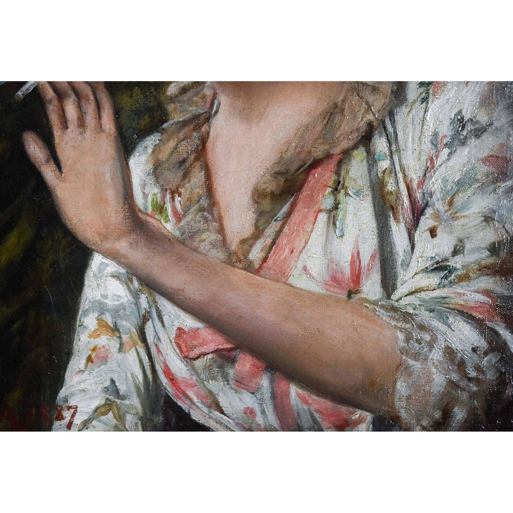 Alfred Mendoza oil painting depicting a scene of a young woman smoking Winckelmann Gallery