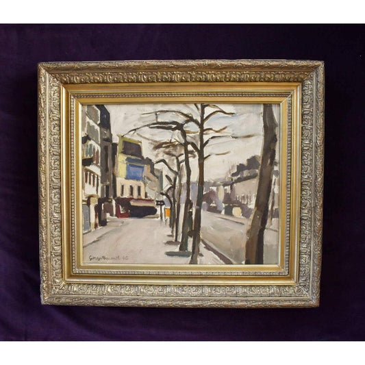 Georges Pacouil oil painting depicting a Paris Sstreet in winter Winckelmann Gallery