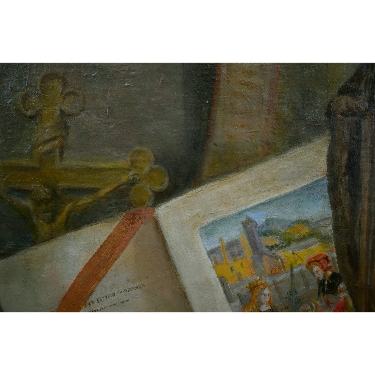 Still life with Saint Catherine statue, books, and manuscript by Adolphe-Jules Pouessel, for sale at Winckelmann Gallery.