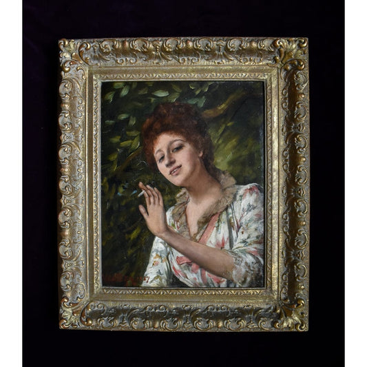 Alfred Mendoza Woman Smoking 1887 portrait on black background showing full ornate frame