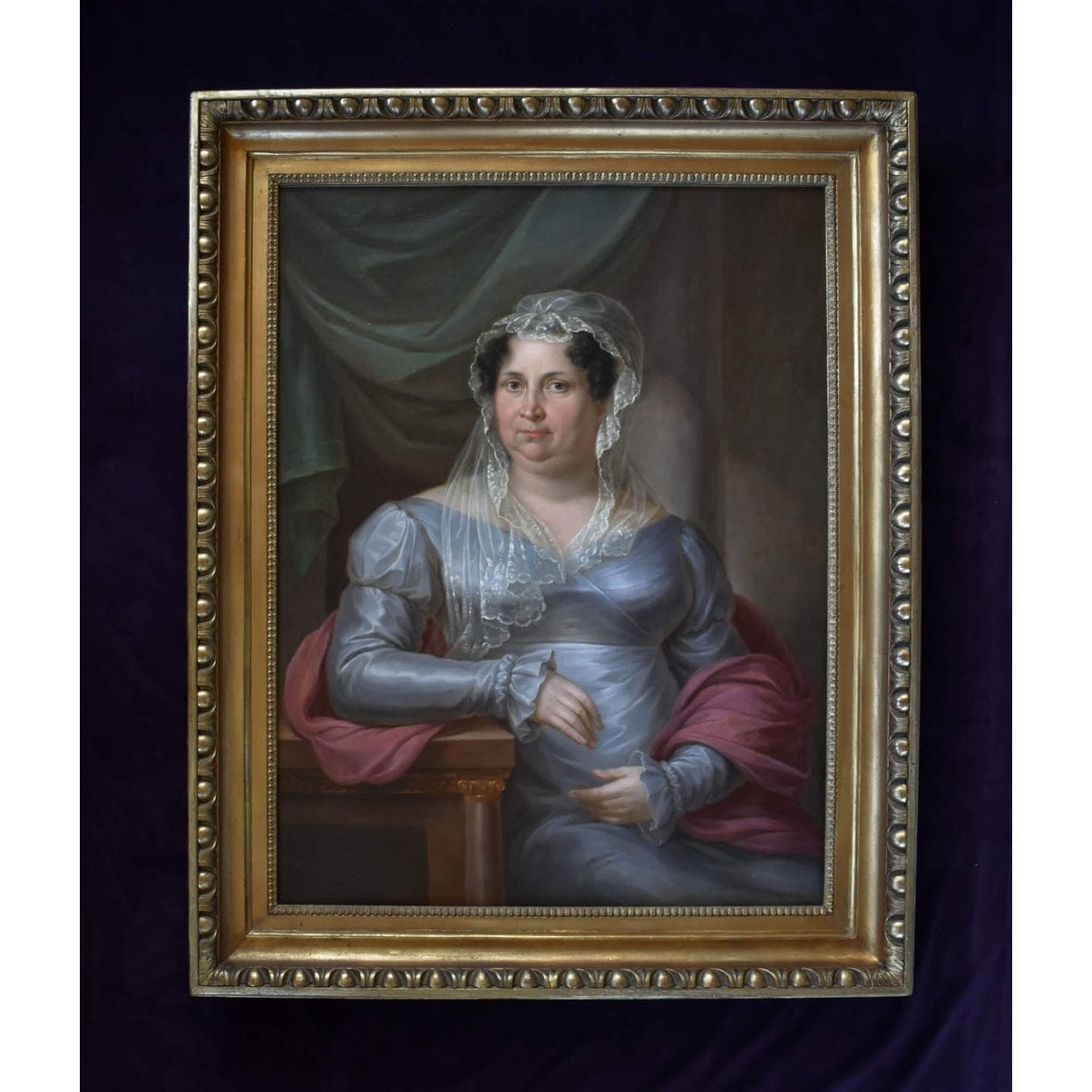 Original 1822 oil painting by Anton Bayer, seated woman in Empire dress, for sale at Winckelmann Gallery