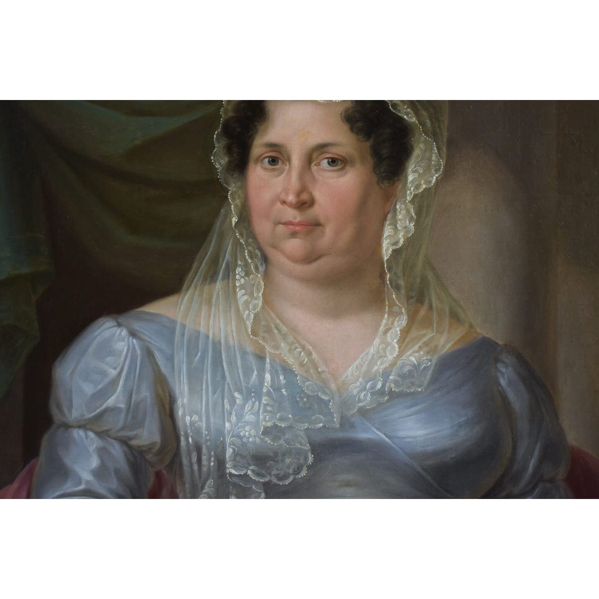 Original 1822 oil painting by Anton Bayer, seated woman in Empire dress, for sale at Winckelmann Gallery