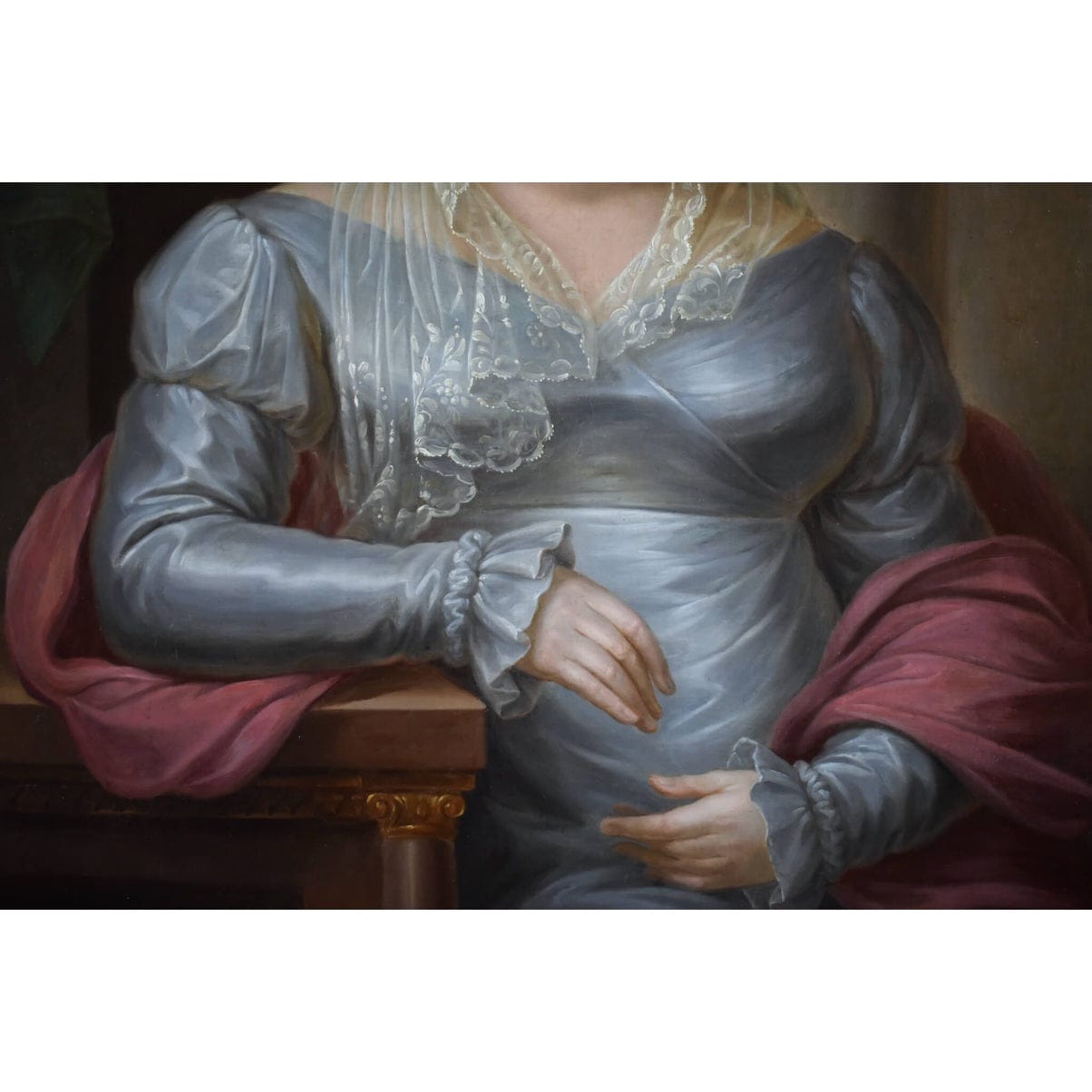 Original 1822 oil painting by Anton Bayer, seated woman in Empire dress, for sale at Winckelmann Gallery