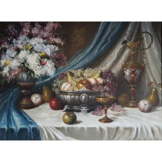 Still life painting by Béla Balogh with flowers, fruit, goblets – oil on canvas, circa 1950, in ornate white and gold carved frame