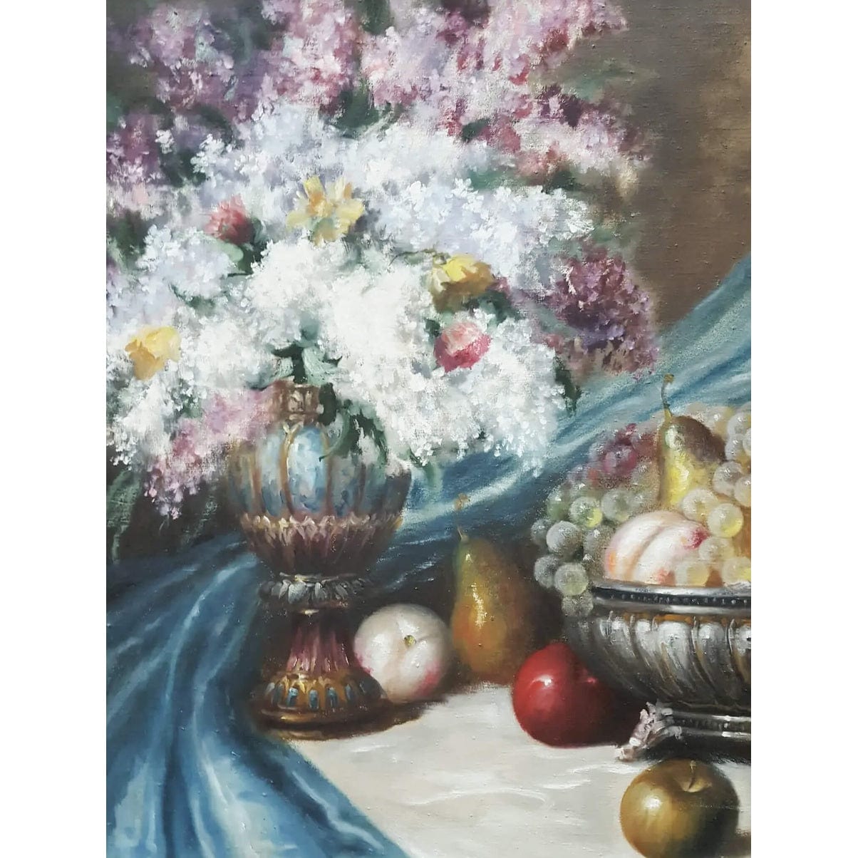 Still life painting by Béla Balogh with flowers, fruit, goblets – oil on canvas, circa 1950, in ornate white and gold carved frame