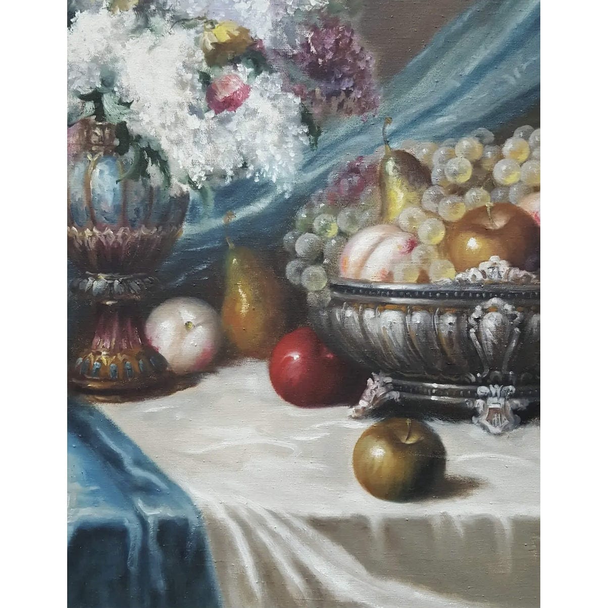 Still life painting by Béla Balogh with flowers, fruit, goblets – oil on canvas, circa 1950, in ornate white and gold carved frame