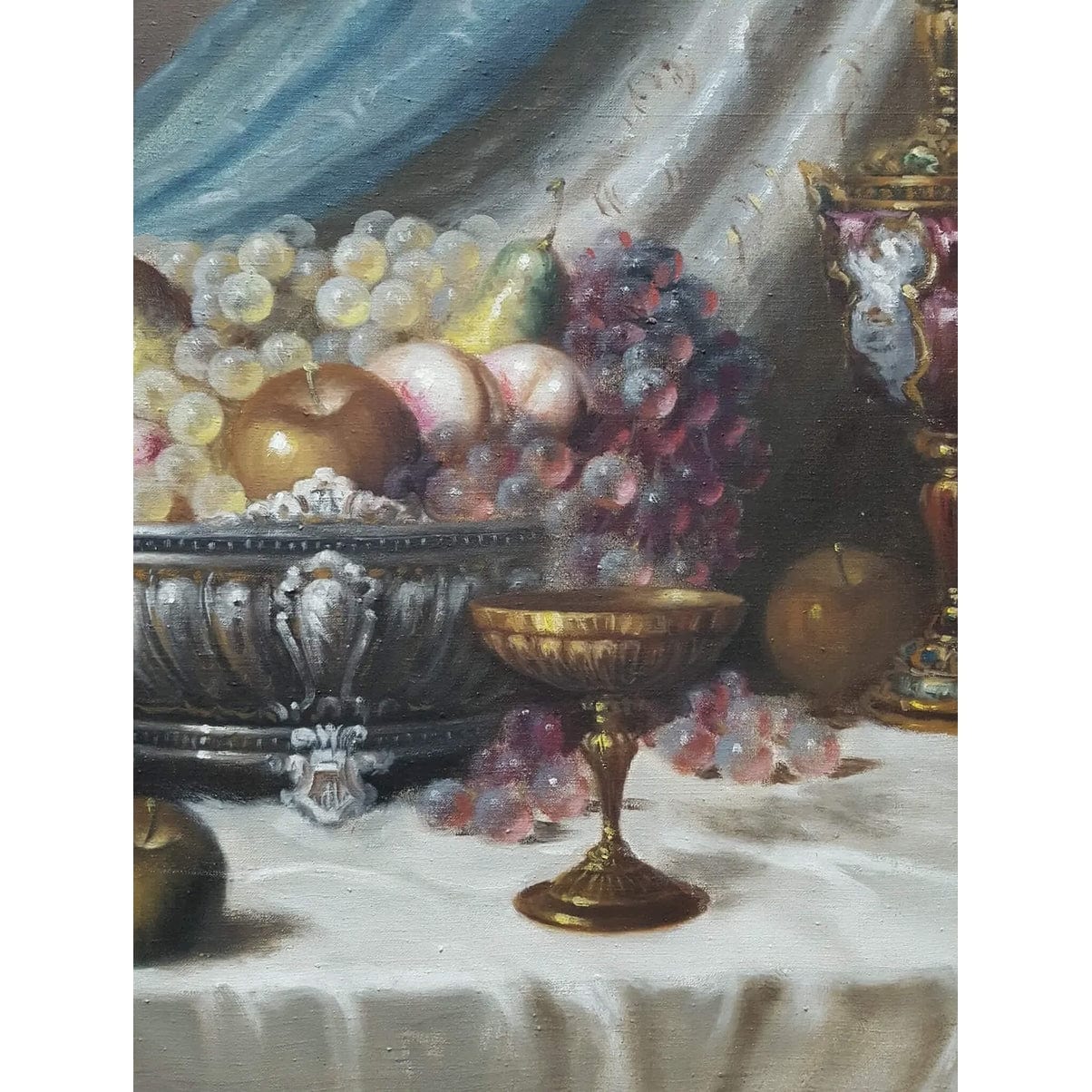 Still life painting by Béla Balogh with flowers, fruit, goblets – oil on canvas, circa 1950, in ornate white and gold carved frame
