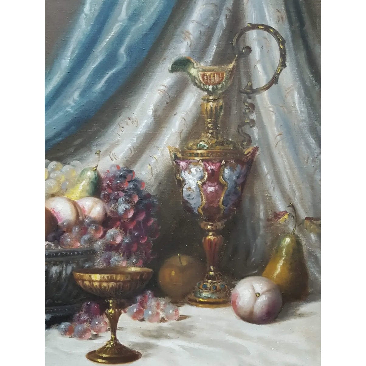 Still life painting by Béla Balogh with flowers, fruit, goblets – oil on canvas, circa 1950, in ornate white and gold carved frame