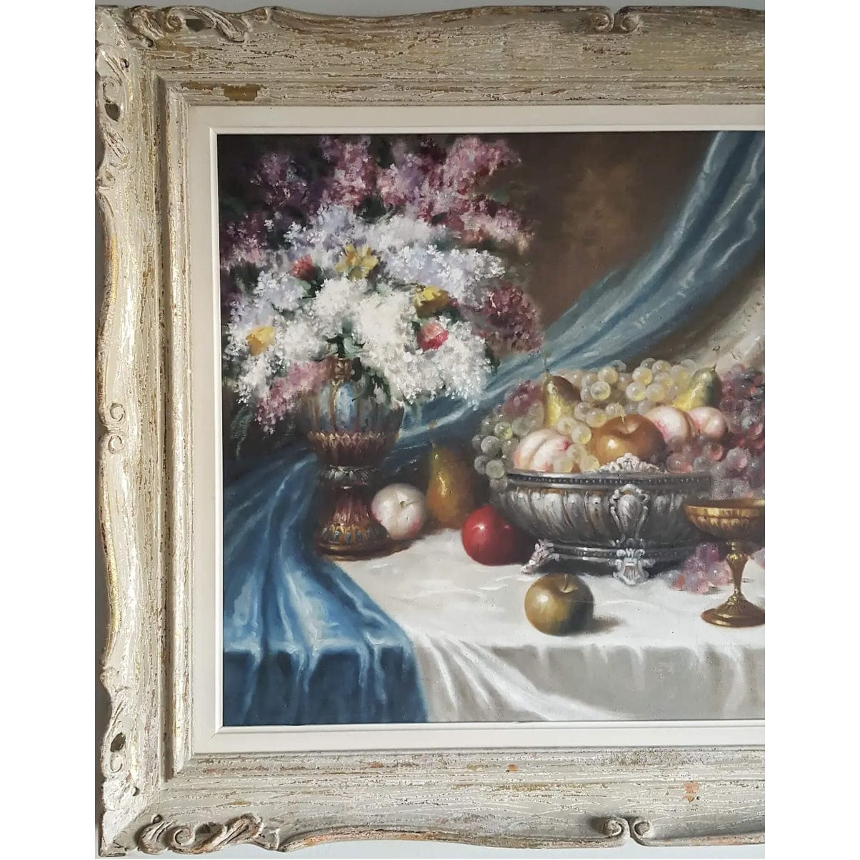 Still life painting by Béla Balogh with flowers, fruit, goblets – oil on canvas, circa 1950, in ornate white and gold carved frame