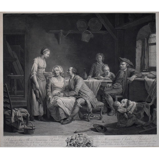 Framed 18th-century engraving by Bervic, La Demande Acceptée, French marriage scene after Lépicié, for sale at Winckelmann Gallery.