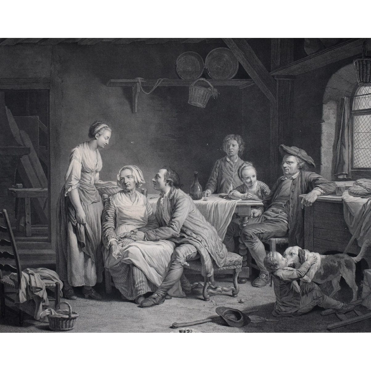 Framed 18th-century engraving by Bervic, La Demande Acceptée, French marriage scene after Lépicié, for sale at Winckelmann Gallery.