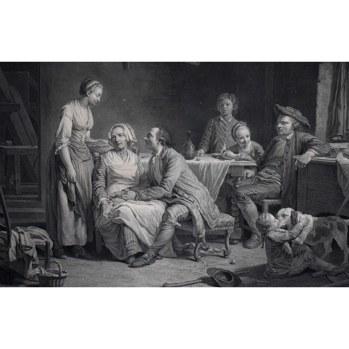 Framed 18th-century engraving by Bervic, La Demande Acceptée, French marriage scene after Lépicié, for sale at Winckelmann Gallery.