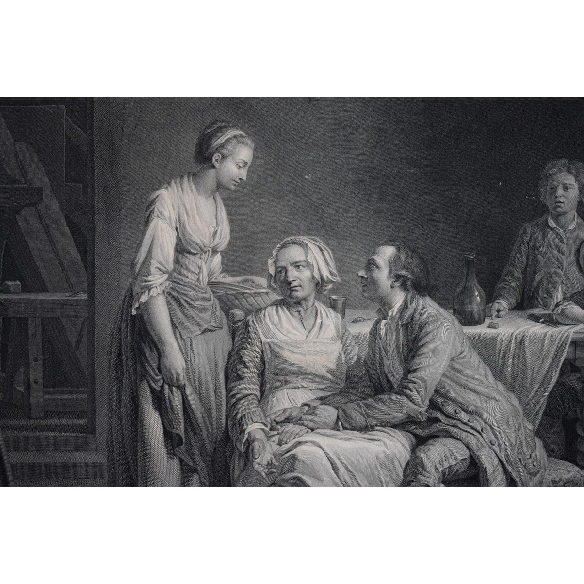 Framed 18th-century engraving by Bervic, La Demande Acceptée, French marriage scene after Lépicié, for sale at Winckelmann Gallery.