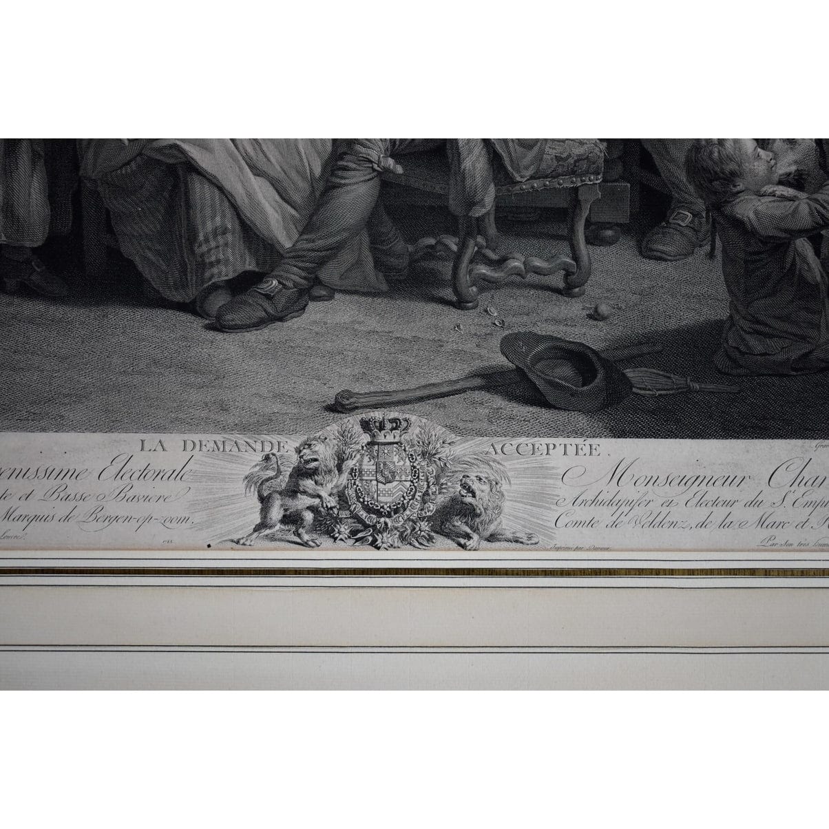 Framed 18th-century engraving by Bervic, La Demande Acceptée, French marriage scene after Lépicié, for sale at Winckelmann Gallery.