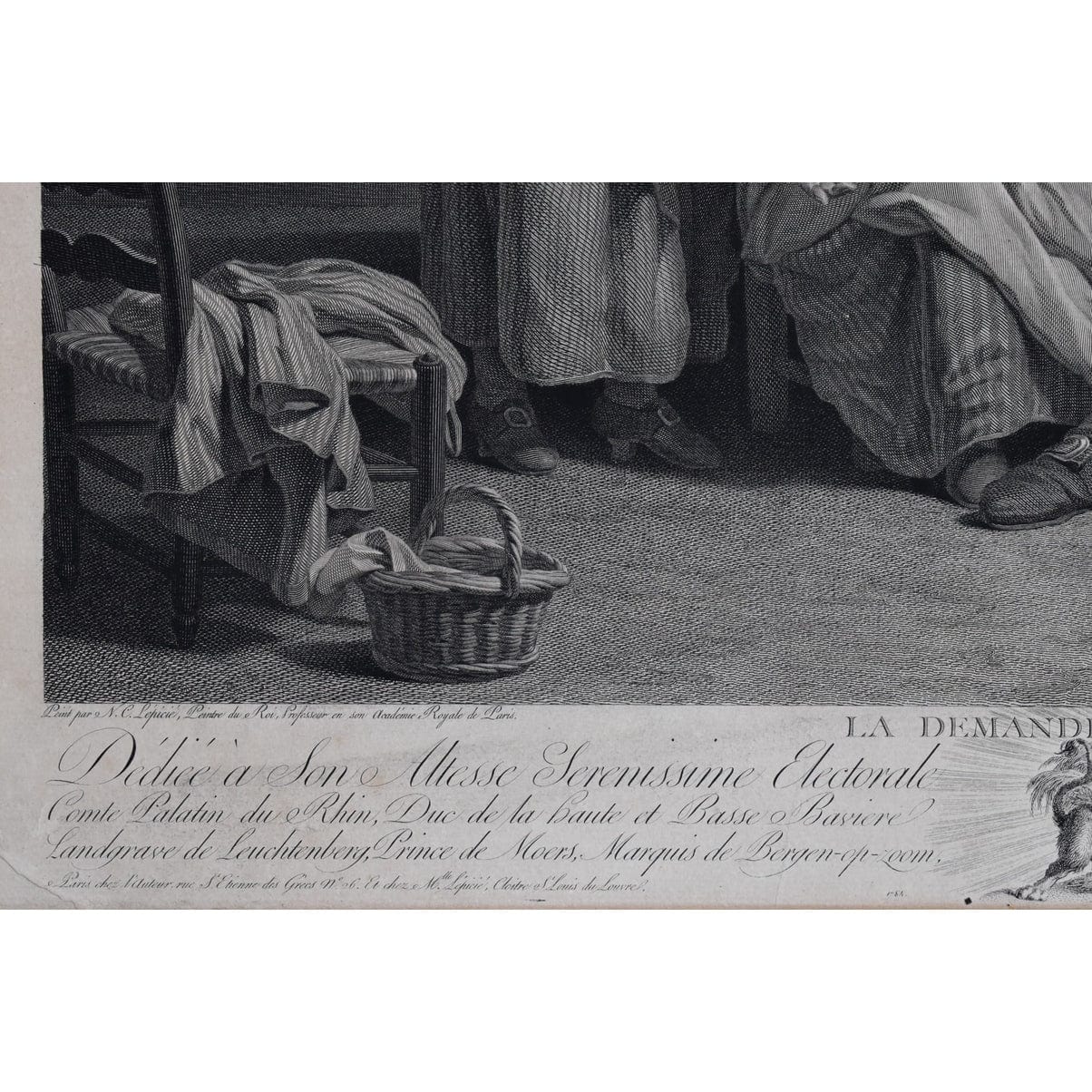 Framed 18th-century engraving by Bervic, La Demande Acceptée, French marriage scene after Lépicié, for sale at Winckelmann Gallery.