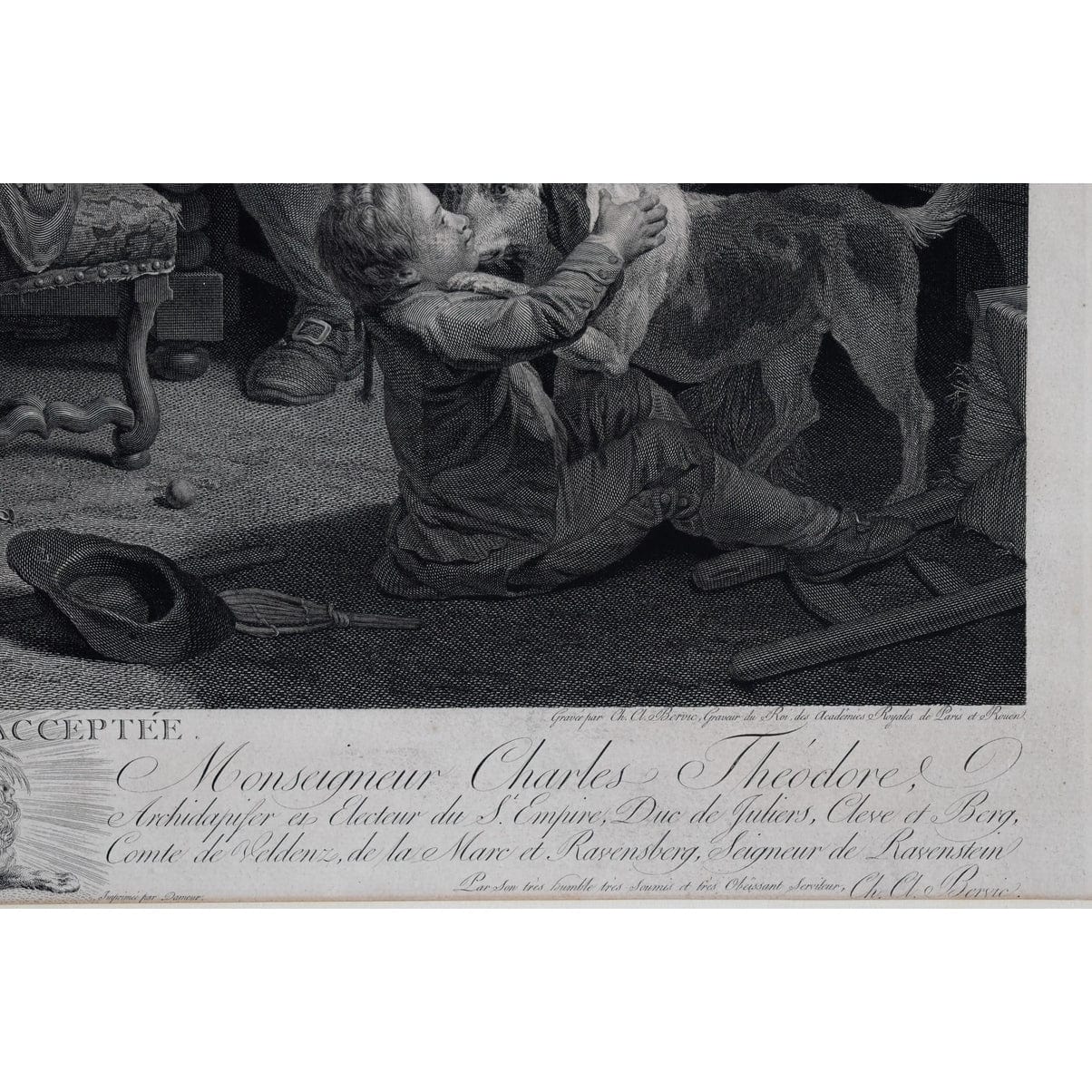Framed 18th-century engraving by Bervic, La Demande Acceptée, French marriage scene after Lépicié, for sale at Winckelmann Gallery.