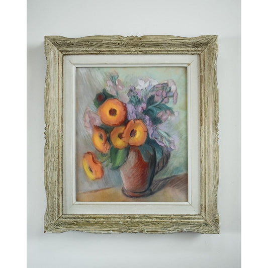 Claire Demartinécourt original pastel painting floral still life orange flowers terracotta vase Montparnasse frame