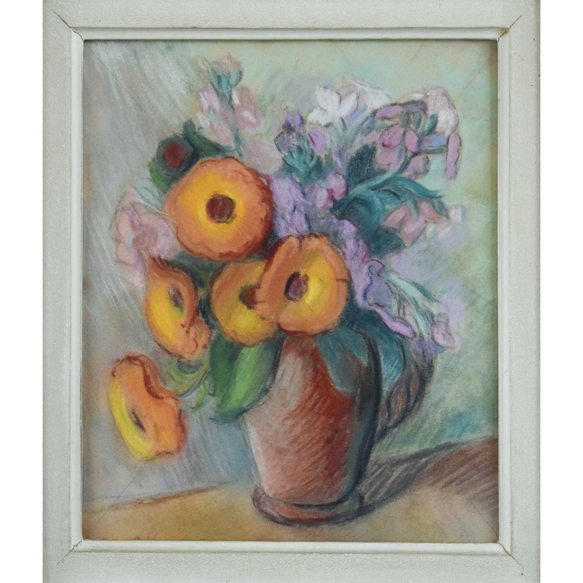 Claire Demartinécourt original pastel painting floral still life orange flowers terracotta vase Montparnasse frame