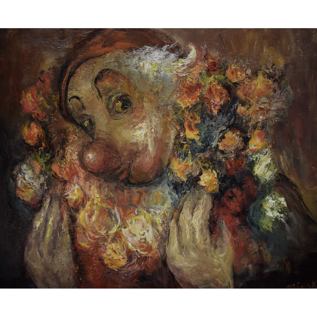 Vintage oil painting depicting a portrait of a clown with roses signed MInsk for sale at Winckelmann Gallery