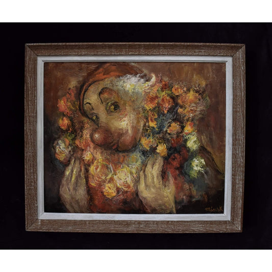 Vintage oil painting depicting a portrait of a clown with roses signed MInsk for sale at Winckelmann Gallery