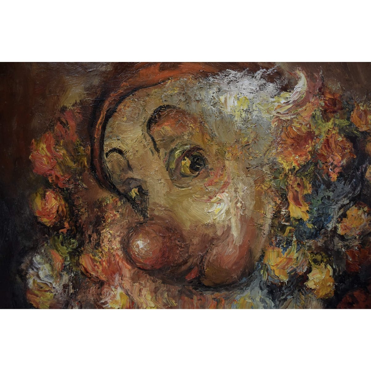 Vintage oil painting depicting a portrait of a clown with roses signed MInsk for sale at Winckelmann Gallery