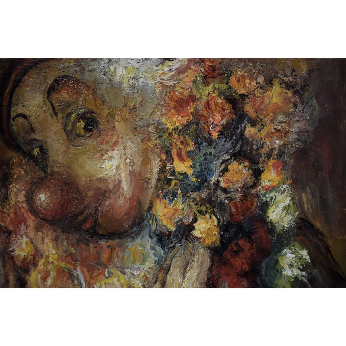 Vintage oil painting depicting a portrait of a clown with roses signed MInsk for sale at Winckelmann Gallery