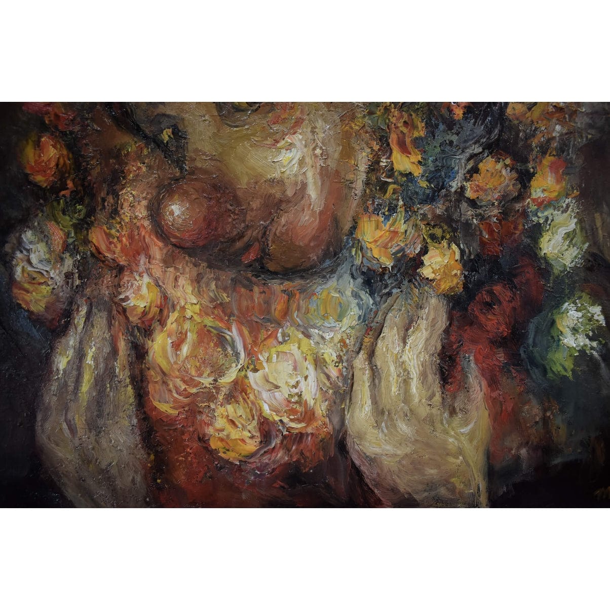Vintage oil painting depicting a portrait of a clown with roses signed MInsk for sale at Winckelmann Gallery