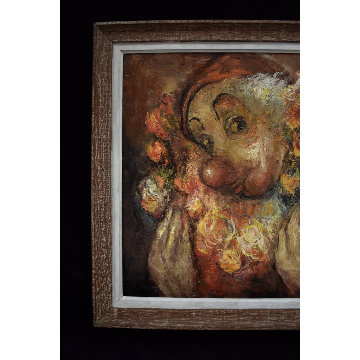Vintage oil painting depicting a portrait of a clown with roses signed MInsk for sale at Winckelmann Gallery