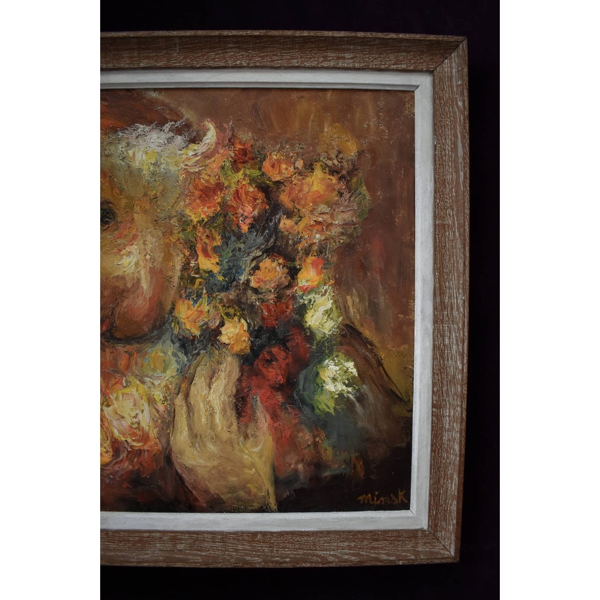 Vintage oil painting depicting a portrait of a clown with roses signed MInsk for sale at Winckelmann Gallery