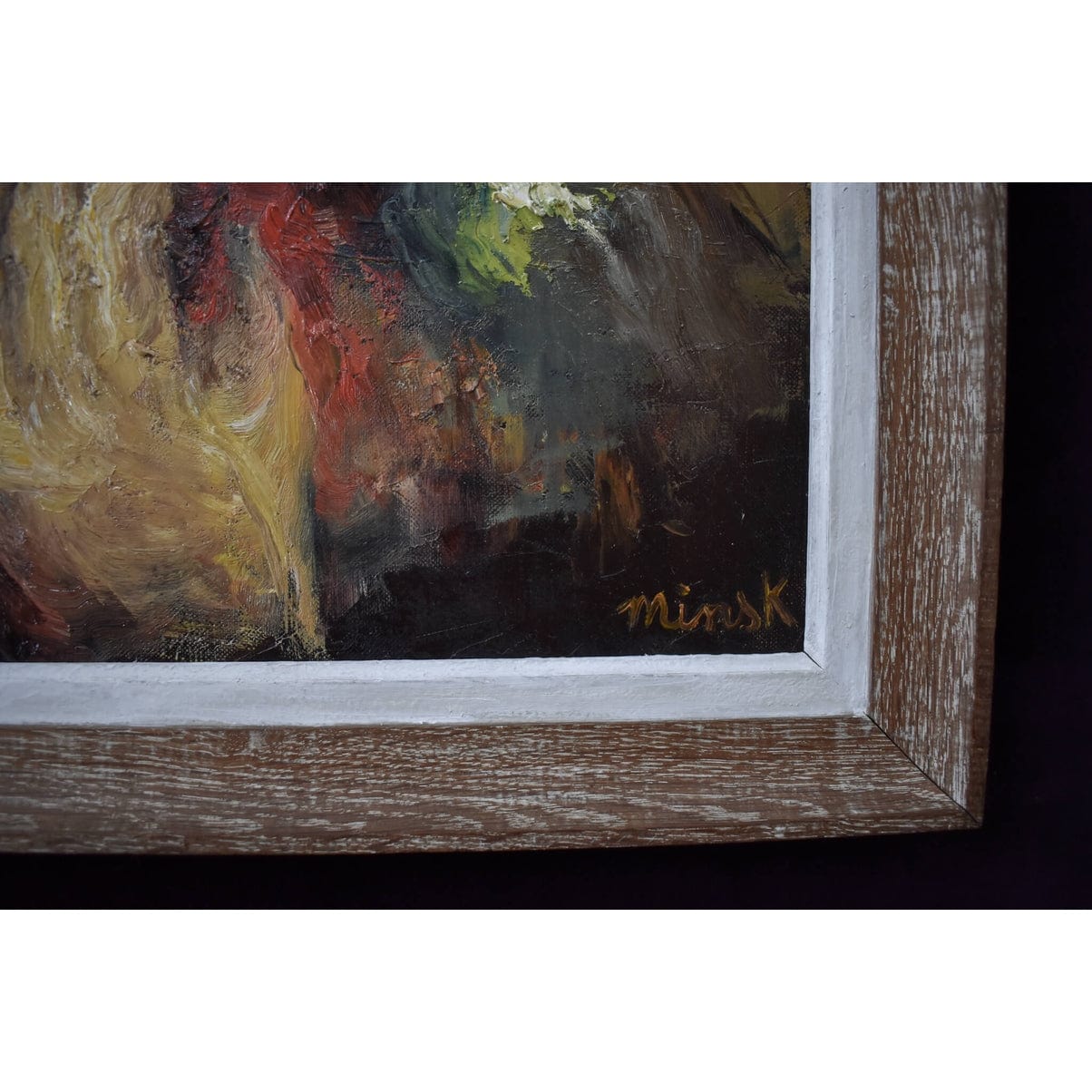 Vintage oil painting depicting a portrait of a clown with roses signed MInsk for sale at Winckelmann Gallery