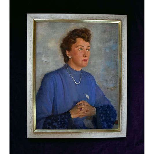 Conrad Pfau 1944 original oil portrait painting woman blue dress vintage German art signed framed