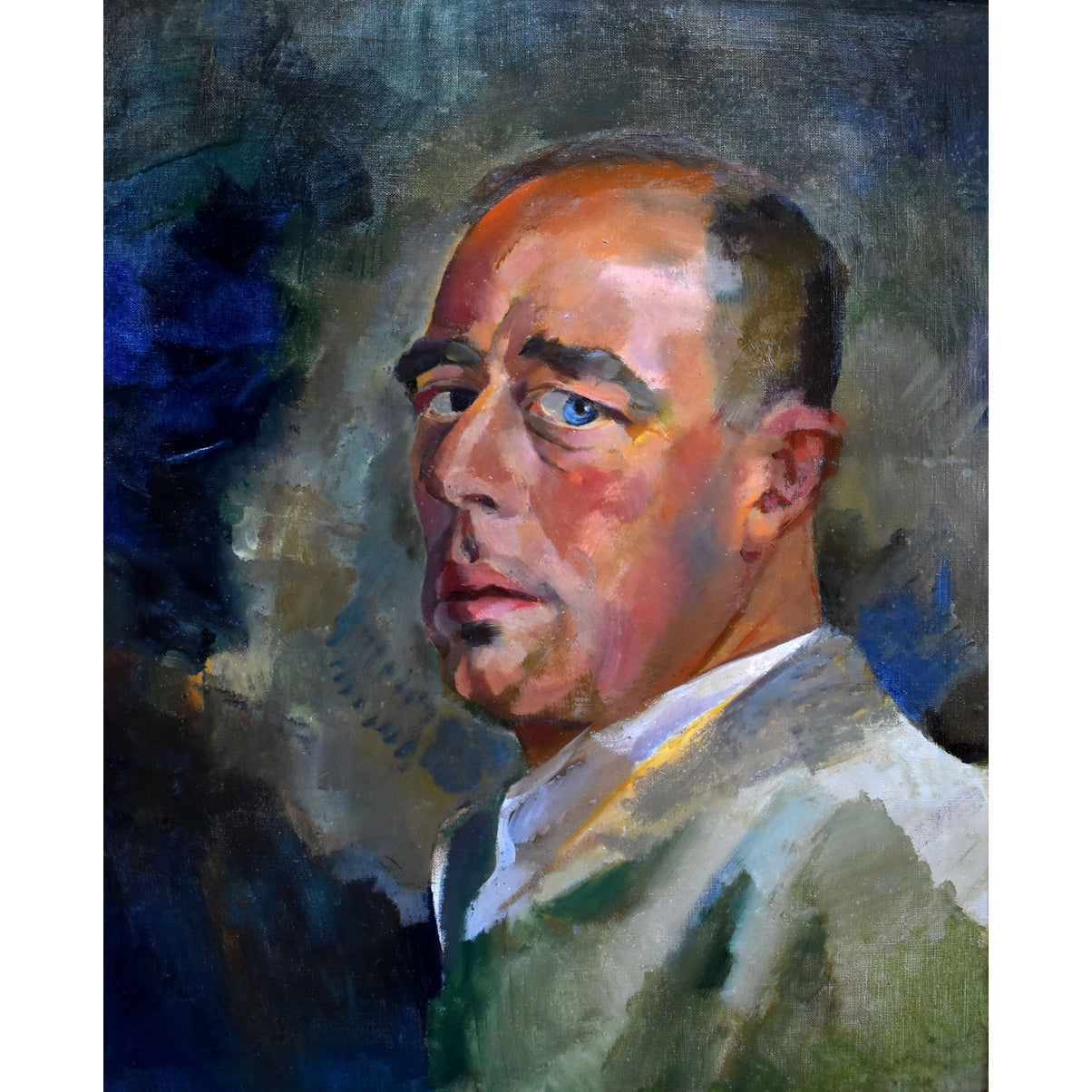 Edmond Dutry portrait painting 1950 oil on canvas Belgian artist unsigned man in ornate gilded frame.