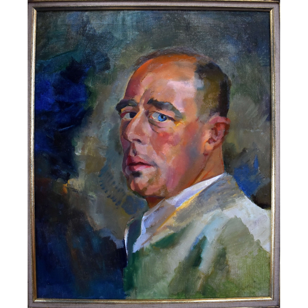 Edmond Dutry portrait painting 1950 oil on canvas Belgian artist unsigned man in ornate gilded frame.