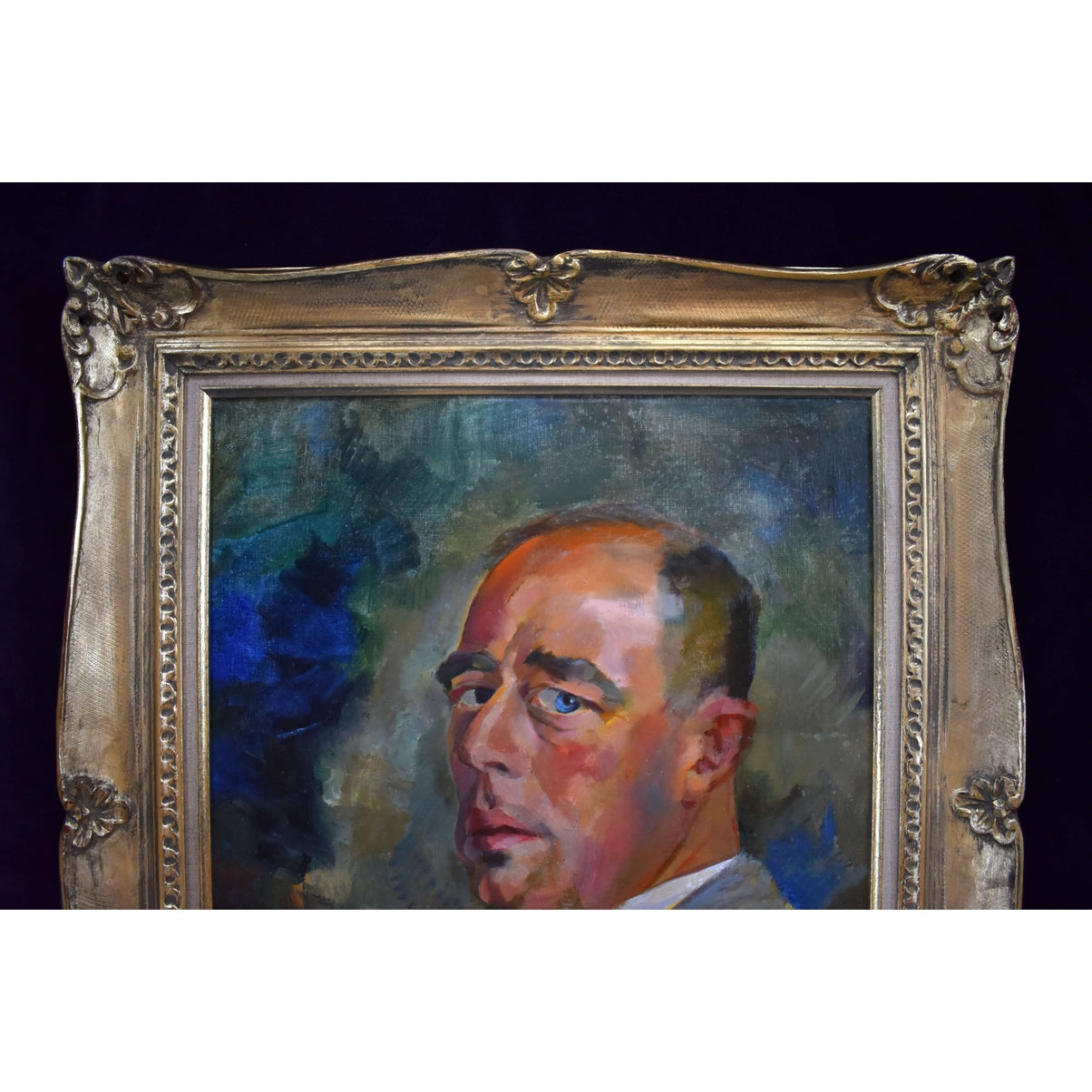 Edmond Dutry portrait painting 1950 oil on canvas Belgian artist unsigned man in ornate gilded frame.