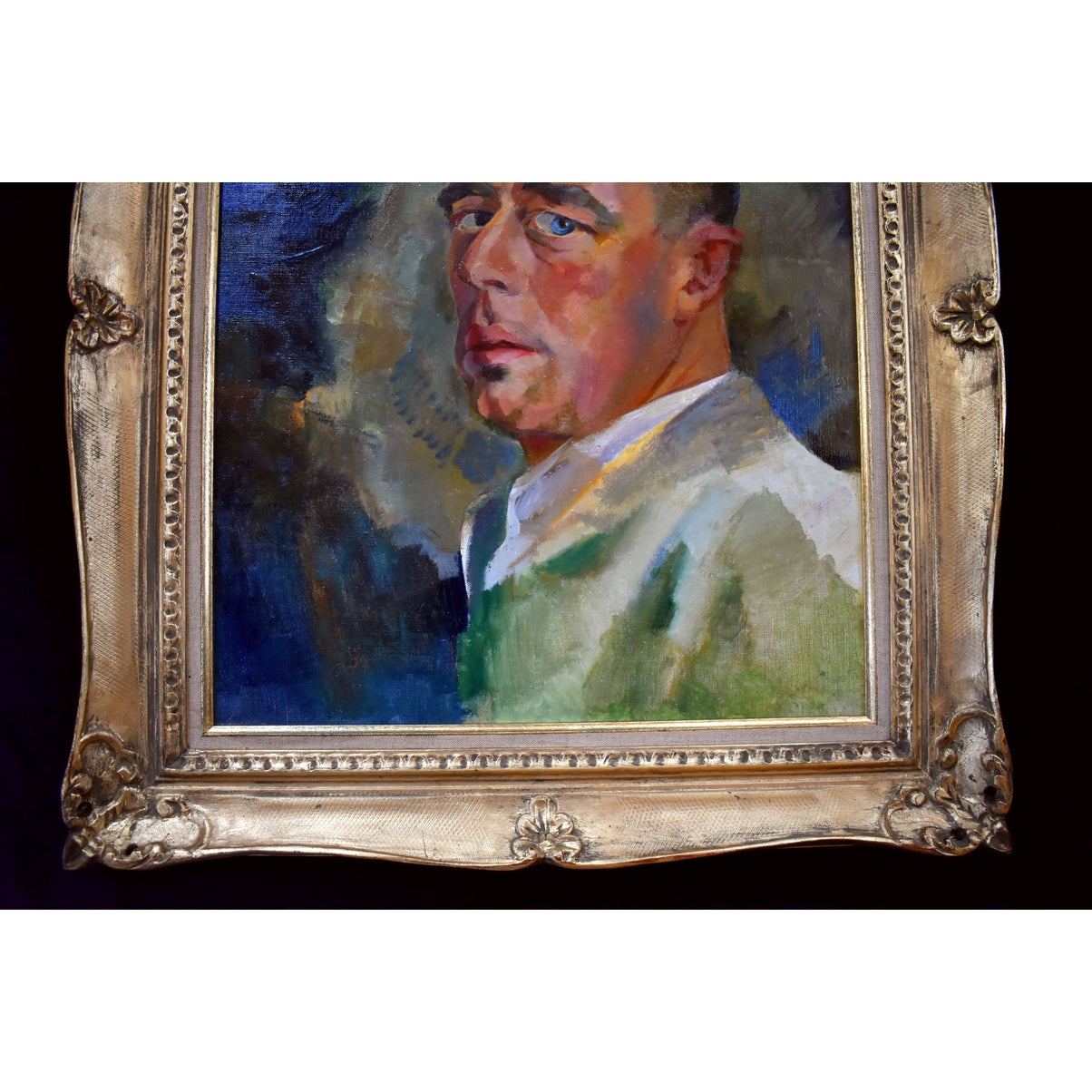 Edmond Dutry portrait painting 1950 oil on canvas Belgian artist unsigned man in ornate gilded frame.