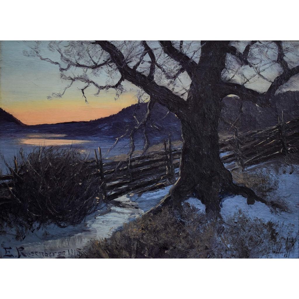 Original oil painting by Edvard Rosenberg depicting a winter twilight landscape, for sale at Winckelmann Gallery