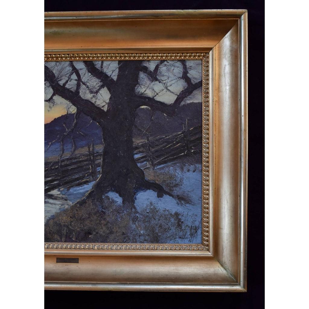 Original oil painting by Edvard Rosenberg depicting a winter twilight landscape, for sale at Winckelmann Gallery