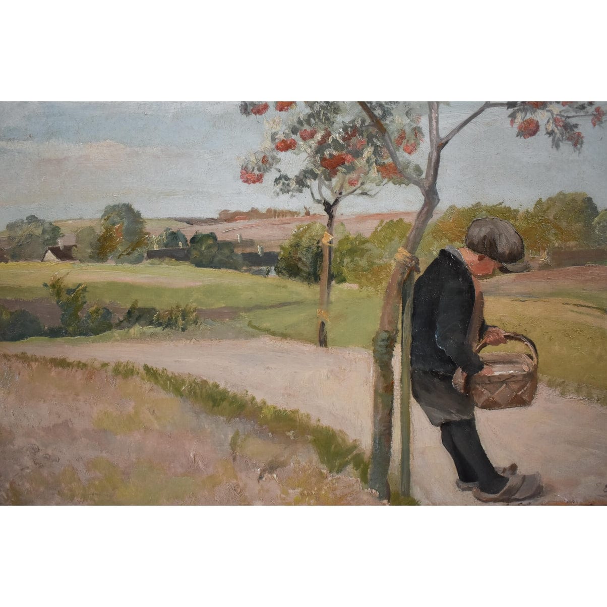Original 1930s oil painting by Danish artist Eiler Sørensen depicting rural countryside scene with walking figure, tree, and pastoral landscape