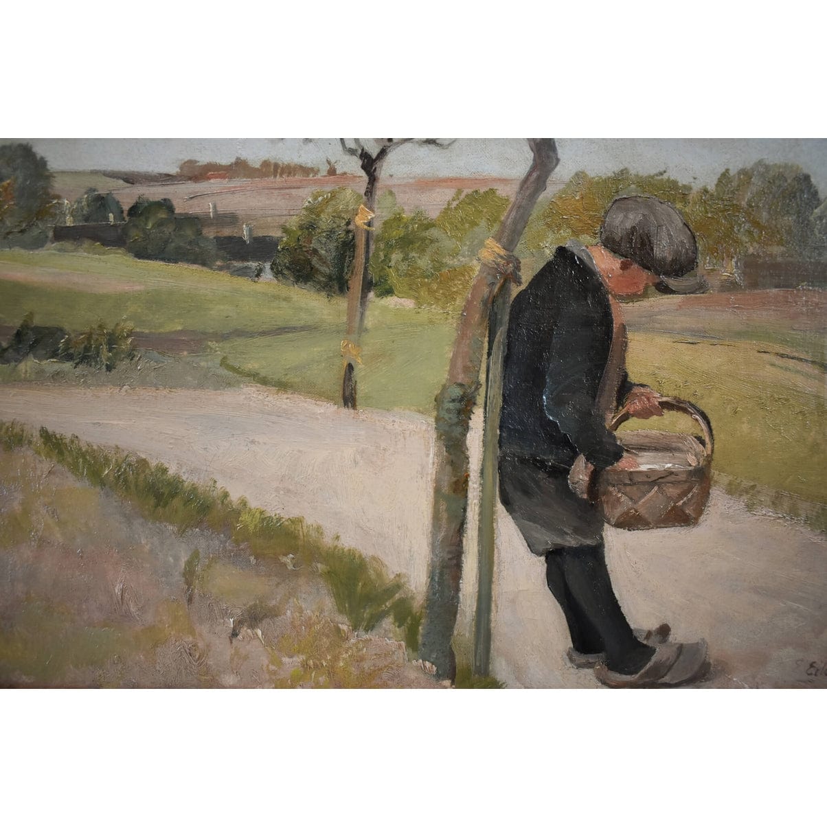Original 1930s oil painting by Danish artist Eiler Sørensen depicting rural countryside scene with walking figure, tree, and pastoral landscape