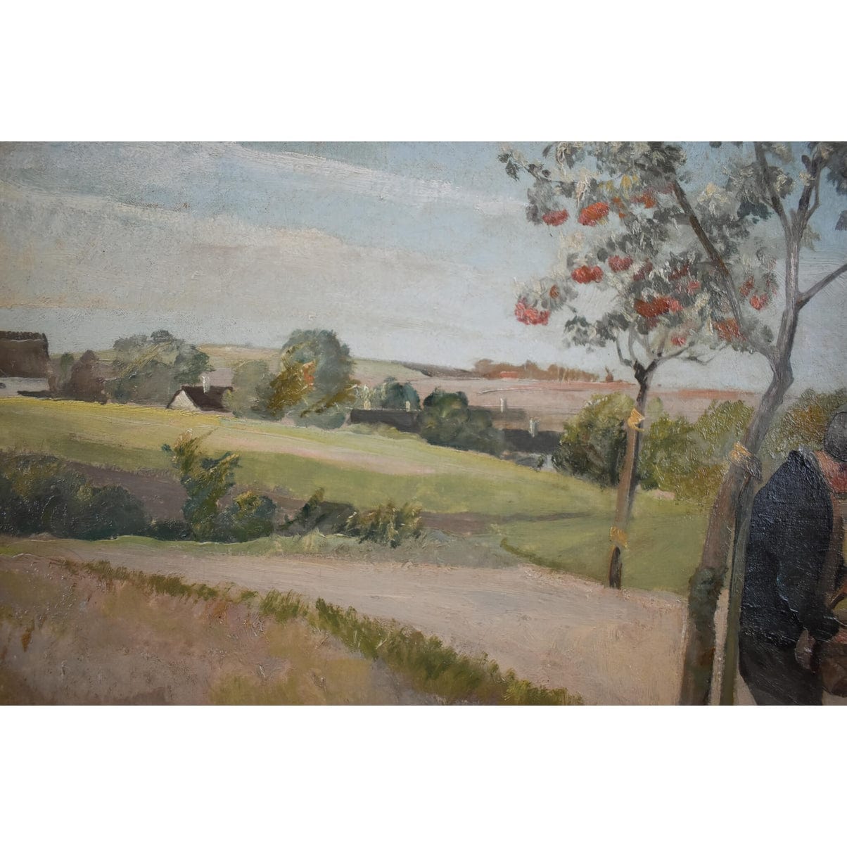 Original 1930s oil painting by Danish artist Eiler Sørensen depicting rural countryside scene with walking figure, tree, and pastoral landscape
