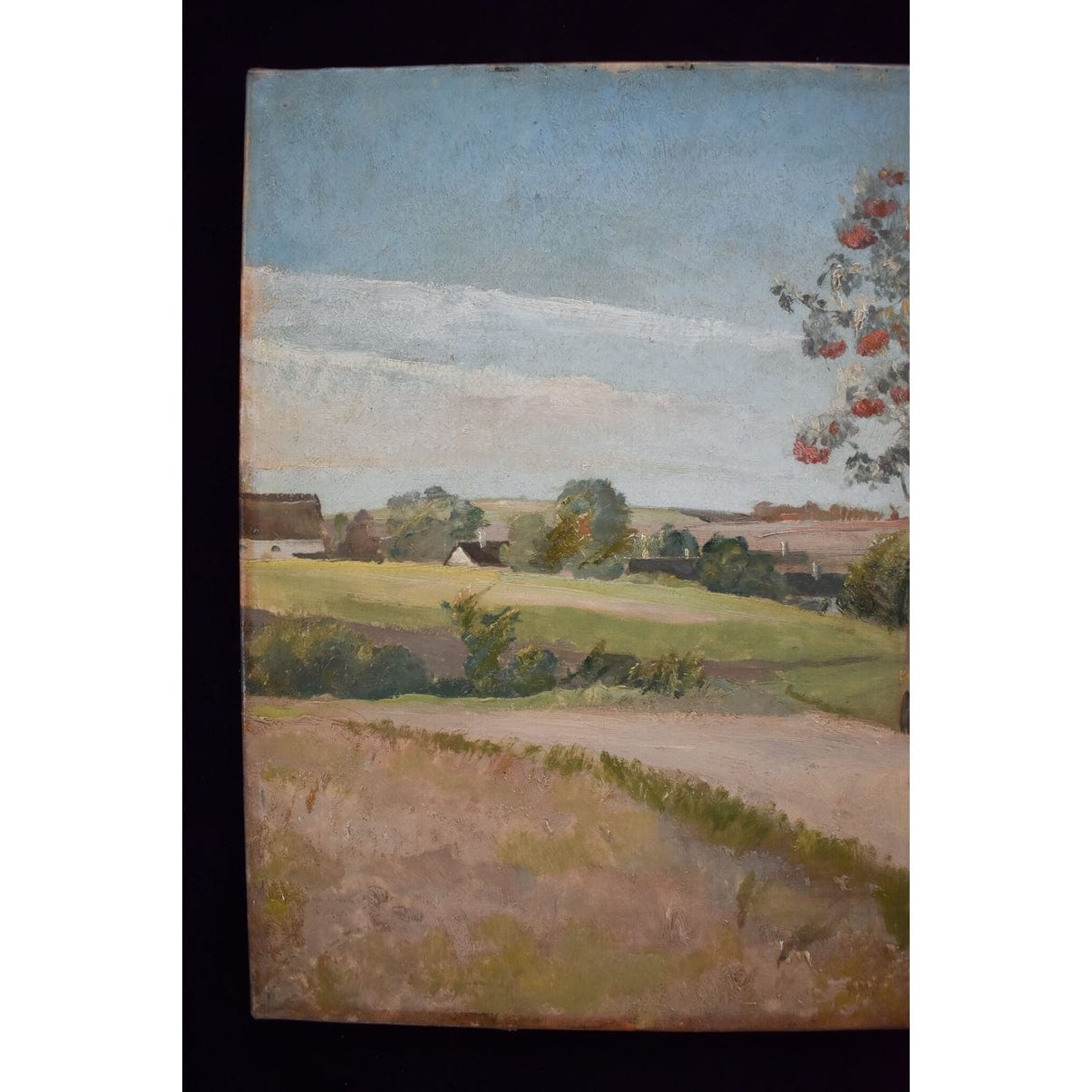 Original 1930s oil painting by Danish artist Eiler Sørensen depicting rural countryside scene with walking figure, tree, and pastoral landscape
