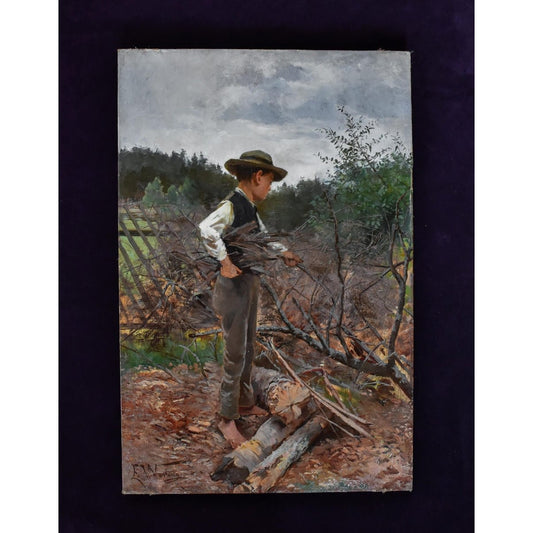 Oil painting by Elisabeth Warling titled 'Boy Gathering Wood' (c. 1890), depicting a barefoot boy collecting branches in a rustic Swedish landscape, naturalistic style, earthy tones, signed lower left.